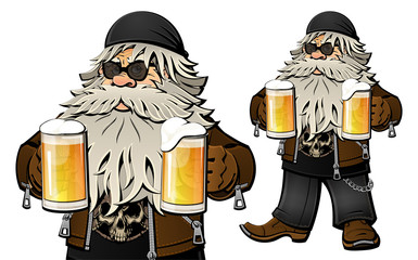 Old bearded biker with beer in glass mugs. Cartoon character.