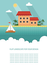 Blank for text. Spring, summer landscape. Little city street with small houses and trees. Flat vector Infographics design