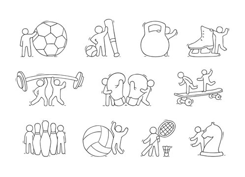 set of sketch little people with sport equipment