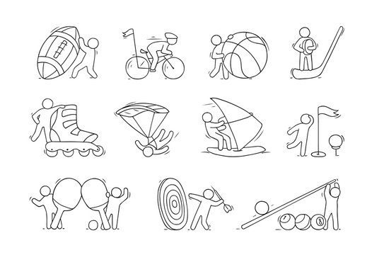 sketch little people with sport equipment