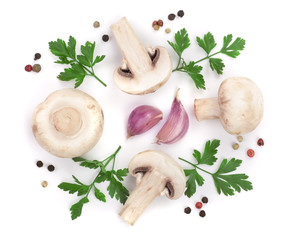 mushrooms with parsley leaf garlic and peppercorns isolated on white background. top view