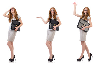 Fototapeta premium Pretty young employee with briefcase isolated on white