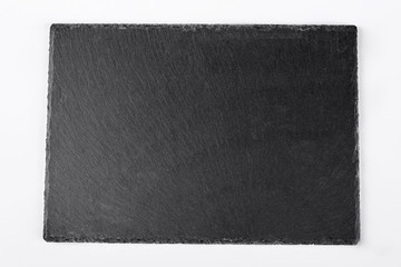 Square slate stand, white background. Slate stone tray isolated on white background, top view....