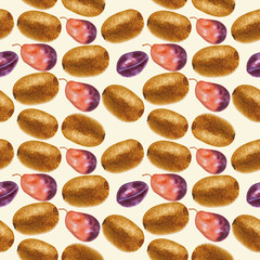 Watercolor kivi and plum seamless pattern