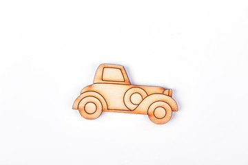 Cartoon toy automobile, white background. Cardboard cutout toy car isolated on white background. Kids healthy toys.