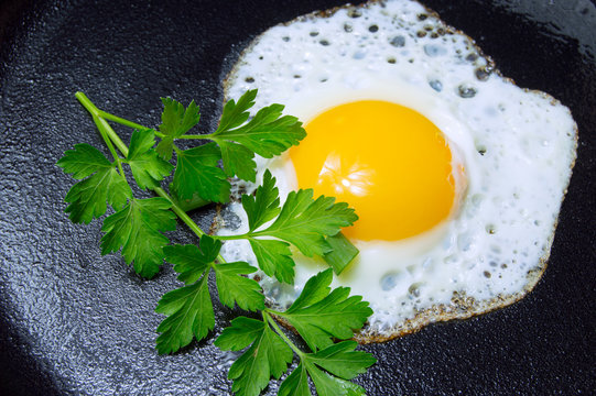Fried egg with parsley on pan for breakfast close up