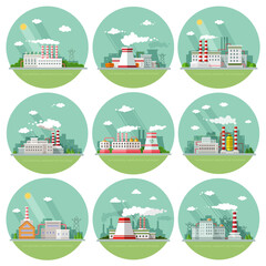 Industrial landscape set. The nuclear power plant and factory on the background of the city.Vector flat illustration