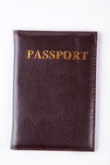Leather cover for passport. Brown leather passport cover isolated on white background.