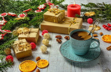 Christmas festive card with fir branches and festive decor