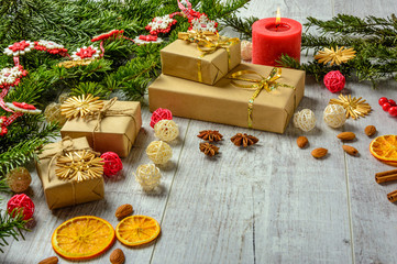 Christmas festive card with fir branches and festive decor