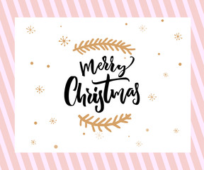 Merry Christmas brush lettering with minimalistic decorations at white and pink background. Greeting card template.