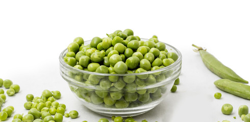Raw Peas in Bowl, Isolated on White Background