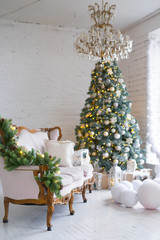 Christmas background. Interior room decorated in xmas style. No people. New year tree and gifts