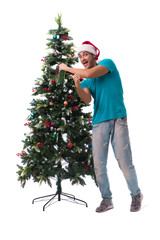 Young man decorating christmas tree isolated on white