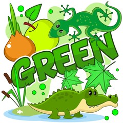A set of cartoon green pictures for children, with a picture of crocodile, leaves, lizard, apple and onion on a green background.
