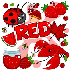 A set of cartoon pictures of red color for children, depicting ladybird, cancer, berries, jam and watermelon on a red background.