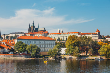 Vltava river and old downtown of Prague, the capital of Czech Republic
