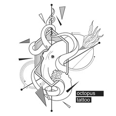 Geometric minimal tattoo of octopus. Black and white geometric line illustration of kraken