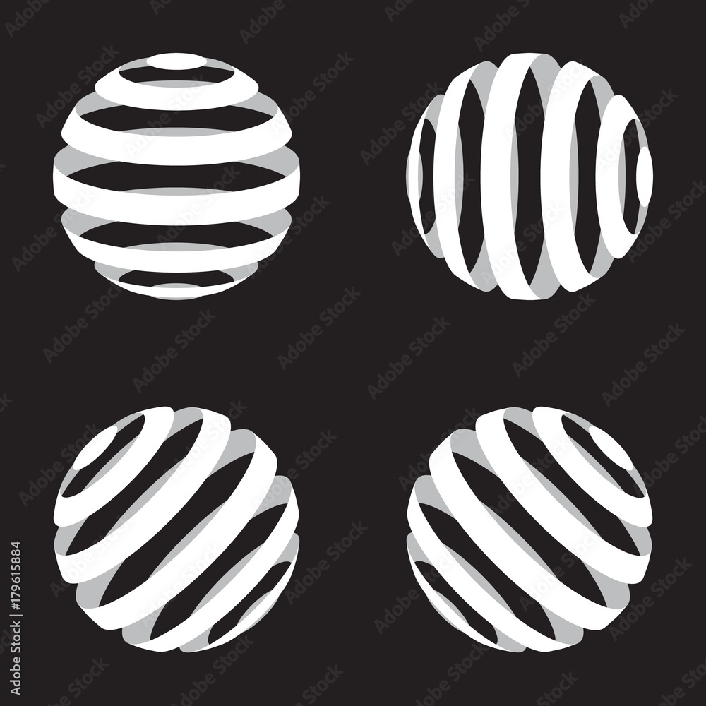 Poster white striped sphere or globe set in different rotations isolated on black background. minimal style