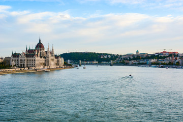 Cityscape of Budapest with Hungarian Parliament, Danube river, Szechenyi Chain Bridge and Buda Castle