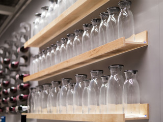 Dinner shop, transparent glass bottles