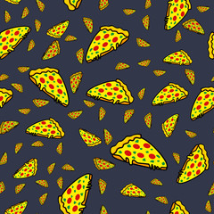 Abstract seamless pizza pattern for girls or boys. Creative vector background with italian pizza, tomatoes, . Funny wallpaper for textile and fabric. Fashion pizza style. Colorful bright picture