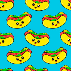 Abstract seamless hot dog pattern for girls or boys. Creative vector background with hot dog, sausage. Funny wallpaper for textile and fabric. Fashion hot dog style. Colorful bright picture