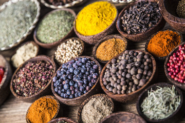 Colorful spices on the wooden table