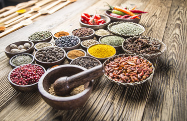 Colorful spices on the wooden table