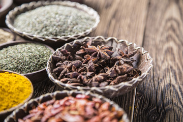 Colorful spices on the wooden table