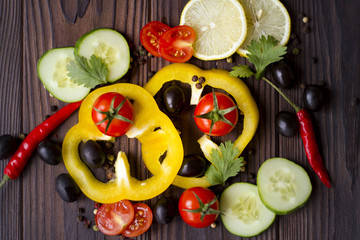 Fresh organic vegetables: tomatoes, pepper, parsley, lemon, cucumber, chili, spices on a dark wooden table