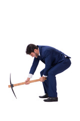 Young businessman with axe isolated on white