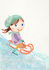 Gilr sledding. Watercolor bacground