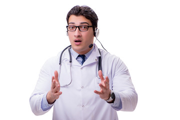 Young doctor with phone headset isolated on white