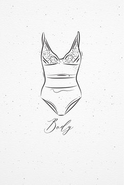 Underwear bodydrawing in vintage style on watercolor paper background