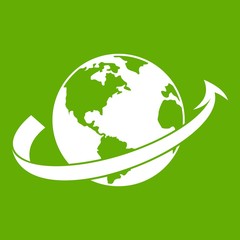 Airplane fly around the planet icon green
