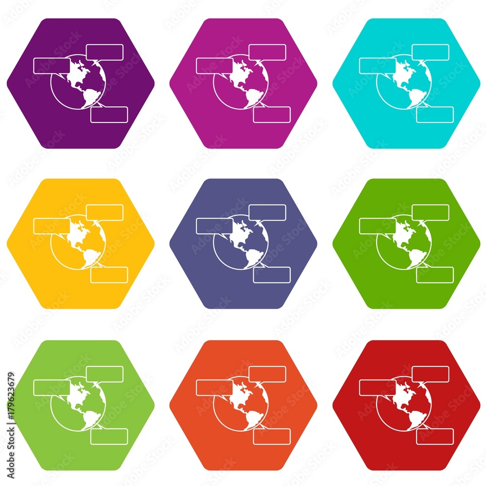 Poster globe and empty speech bubbles icon set color hexahedron