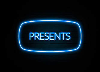 Presents  - colorful Neon Sign on brickwall