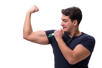 Young man in doping concept isolated on white
