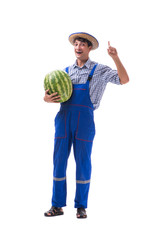 Young farmer with watermelon isolated on white