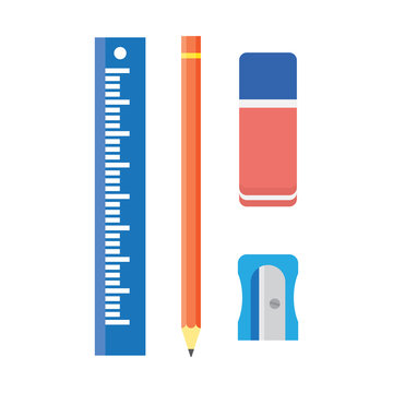 school stationery, wooden pencil, sharpener, ruler and eraser