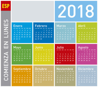 Colorful Calendar for Year 2018, in Spanish. Week starts on Monday