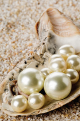 Multiple pearls in oyster sea shell on sand
