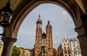 St. Mary church viewed from the Cloth Hall on Market square in Krakow, Poland
