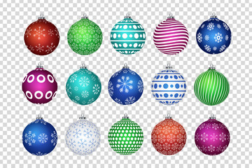 Vector set of realistic isolated Christmas balls for decoration and covering on the transparent background. Concept of Merry Christmas and Happy New Year.