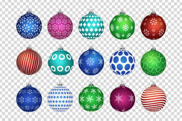 Vector set of realistic isolated Christmas balls for decoration and covering on the transparent background. Concept of Merry Christmas and Happy New Year.