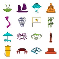 Vietnam travel icons doodle set