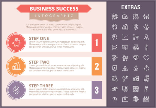 Business success infographic timeline template, elements and icons. Infograph includes step options, line icon set with business worker, successful businessman, corporate leader, market data etc.