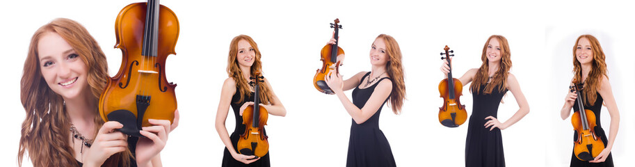 Woman with violin isolated on white