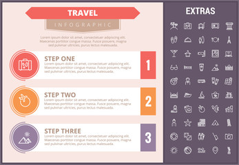 Travel infographic timeline template, elements and icons. Infograph includes step number options, line icon set with tourist attraction, luggage cart, travel planning, holiday vacation, traveler etc.